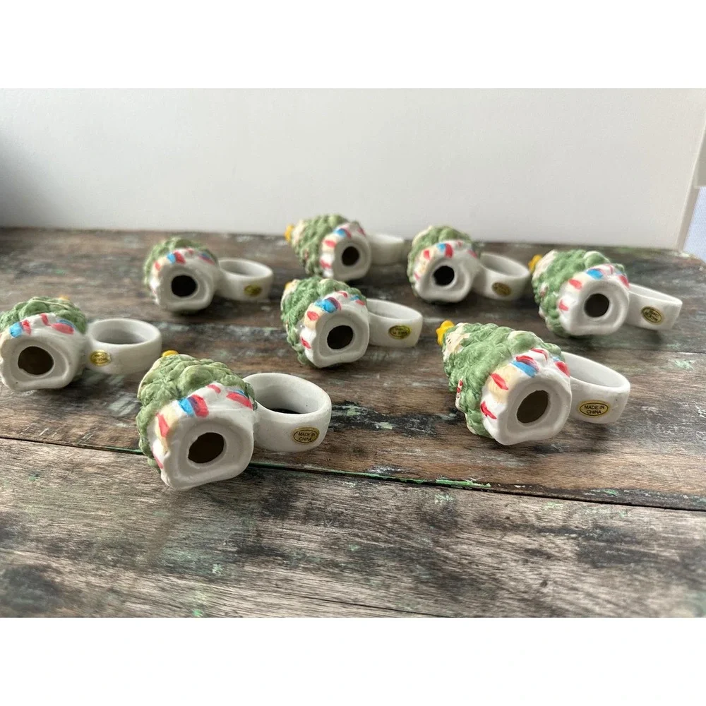Vintage Set‎ of 8 Ceramic Christmas Tree Napkin Rings Holiday Table Decor